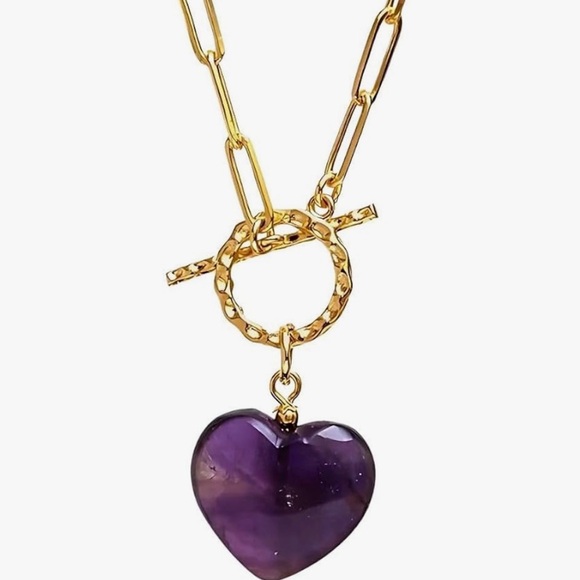 NEW 14k Gold Plated Genuine Amethyst Purple Heart Pendant Necklace